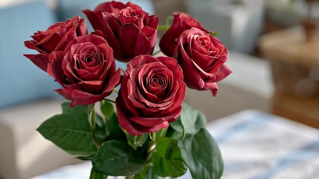 Beautiful red roses arranged in a vase on a table in a cozy living room setting with soft lighting
