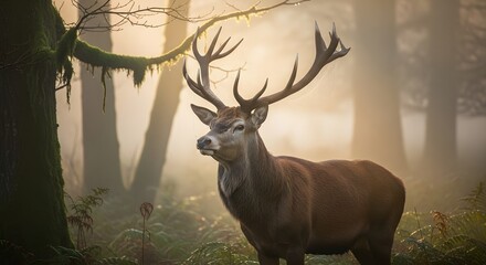 Naklejka premium Deer stag antlers forest wildlife animal mammal nature woods fog majestic outdoors wilderness