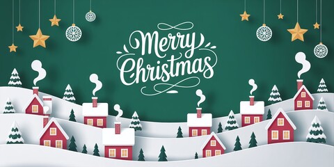 Merry Christmas Vector Banner with Paper Cut Snow-Covered Winter Village, Red Houses, Pine Trees, and Hanging Ornaments on a Teal Background