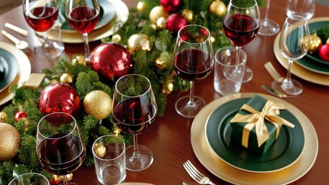 Festive dining table decorated with Christmas ornaments and wine glasses, creating a warm holiday atmosphere