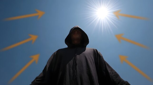 A mysterious hooded figure looks up at the intense sun in a clear blue sky with orange arrows radiating outwards - Powered by Adobe