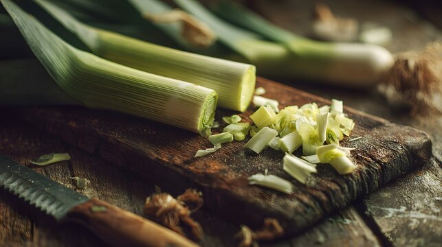 Fresh leeks on cutting board with knife food preparation cooking healthy ingredient delicious vegetable