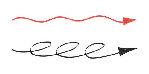 Hand drawn crayon movement arrow collection. Grunge squiggly arrow set. Pencil chalk lines sketch. Red, black brush scribble element set. Doodle vector illustration.