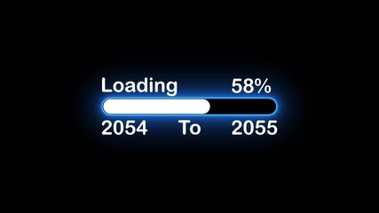Glowing neon blue loading bar and progress bar from year 2054 to 2055 at percent concept. Loading bar indicates from year 2054 to 2055 new year concept. 4k