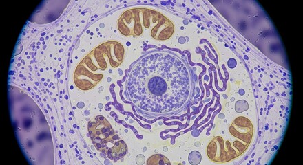 Microscopic cell biology nucleus mitochondria endoplasmic reticulum ribosomes cytoplasm analysis view