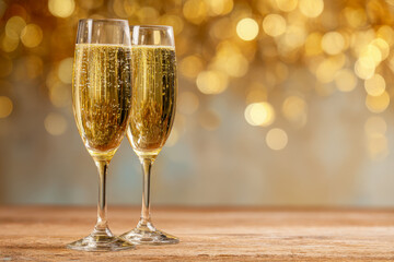 Two elegant champagne flutes filled with sparkling golden bubbly on a wooden surface with festive warm bokeh lights in the background for celebration