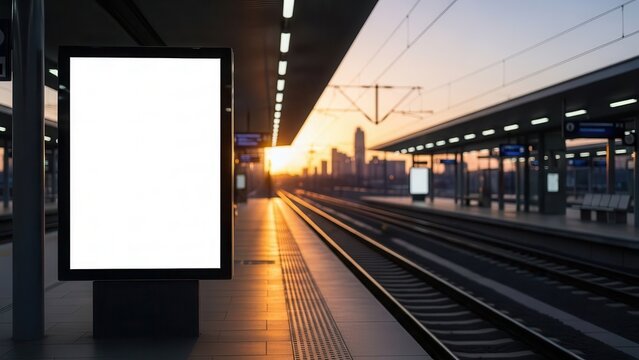 Blank billboard mockup on train station platform at sunset