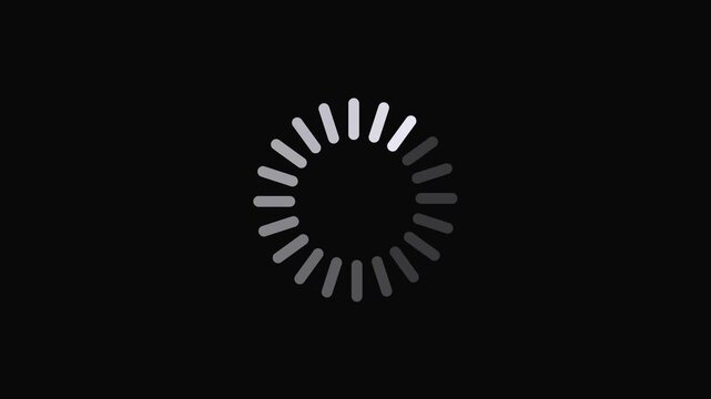 Simple circular loading spinner animation with gradient gray bars on a dark black background