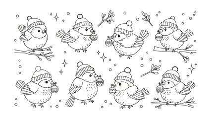 Whimsical Winter Birds: A charming collection of adorable birds, each adorned with cozy hats and festive ornaments, embodying the warmth of the season.
