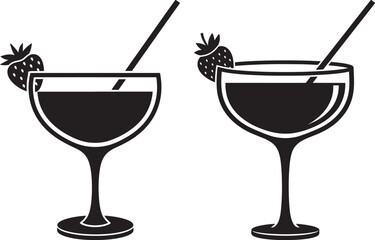 Two cocktail glasses with straws and strawberry silhouette
