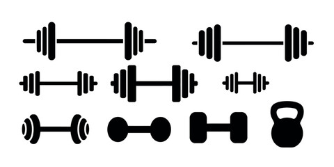 A collection of black and white dumbbell and kettlebell icons on a white background