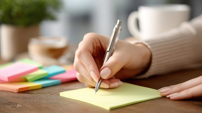 Close up view of  person's hand holding  metal pen writing on  bright yellow sticky note on  wooden desk beside colorful note pads