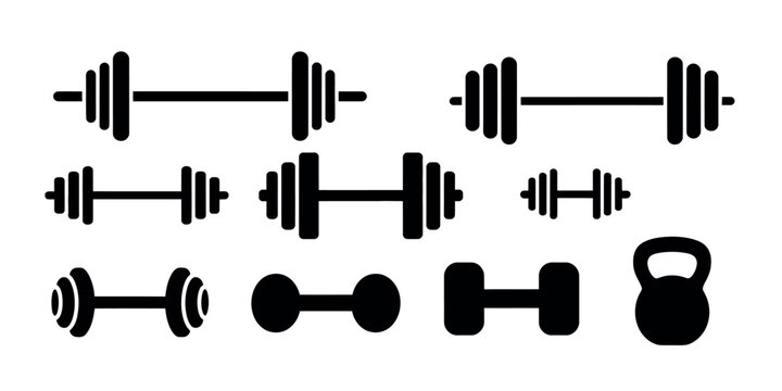 A collection of black and white dumbbell and kettlebell icons on a white background