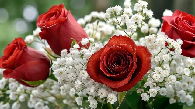 Beautiful red roses arranged with delicate white flowers create a stunning bouquet perfect for celebrations or special occasions