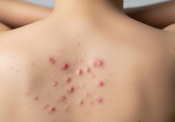Closeup view of a persons bare back covered in numerous red, inflamed pimples and acne lesions indicating severe skin issue