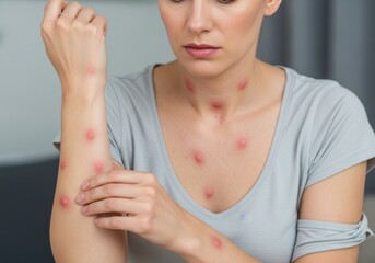 Woman examining her arm and neck which are covered in red, itchylooking insect bites or skin rash spots in a clinical setting