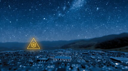 A glowing warning symbol hovers over a circuit board landscape under a vast starlit night sky