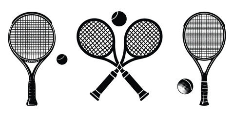vintage crossed tennis rackets with two tennis balls vector illustration, detailed black and white tennis bat silhouette icon design for sports branding, logo concepts, training and competition themes