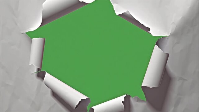 Paper tear reveal with realistic curled edges ripping open to expose a clean chroma key green center, perfect for transitions, product inserts, announcements, or dynamic reveal moments in promotional 