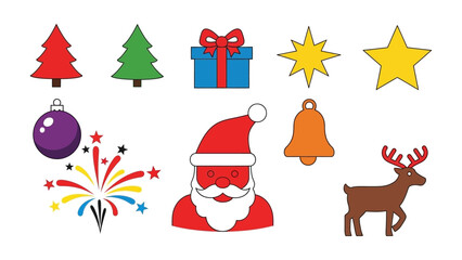 Holiday Festive Icons: A delightful assortment of festive icons, perfect for spreading holiday cheer, including Santa Claus, Christmas tree, gift, star, bauble, firework, bell and reindeer.