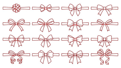 Collection of 20 Red Ribbon Bow Designs in Grid Layout &ndash; 4K Ultra HD Render Featuring Unique Knot Styles, Loop Variations, and Tail Arrangements for Packaging, Decoration, and Premium 