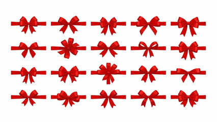 Collection of 20 Red Ribbon Bow Designs in Grid Layout &ndash; 4K Ultra HD Render Featuring Unique Knot Styles, Loop Variations, and Tail Arrangements for Packaging, Decoration, and Premium 