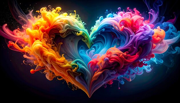 Vivid, swirling heart-shaped smoke, a blend of vibrant rainbow colors against a dark background, suggesting love and emotion
