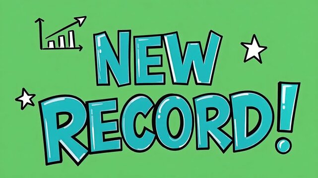 Comic New Record text in tall energetic cyan letters with white highlights and bold black outline, paired with small chart and star doodles on a bright chroma key green background, for milestone