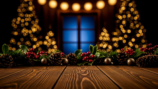 Warm Christmas magic shines with berries and pinecones on a rustic wood surface creating cozy holiday vibes