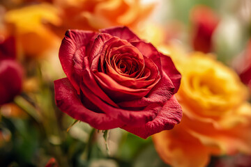 Vivid red rose blooming vibrantly among warm yellow and orange flowers creating a stunning contrast in a lush, colorful garden setting with soft natural light