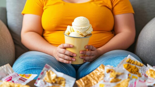 Overweight person couch home yellow shirt and blue jeans with ice cream snack, binge eating comfort food, stress eating scene with creamy vanilla