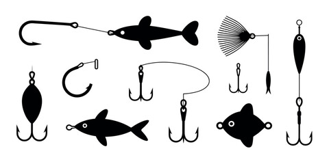 A collection of various fishing lures and hooks in black and white silhouette