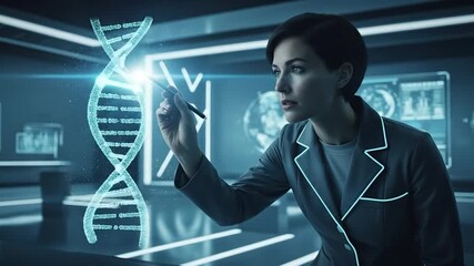 Woman analyzing a virtual DNA structure in a futuristic laboratory environment for genetic - Powered by Adobe