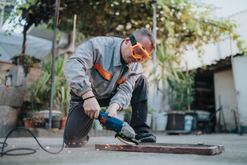 A focused man kneels in an outdoor workshop, using a grinder to smooth metal. Sparks fly as he works, wearing protective goggles and practical work wear for safety and precision.