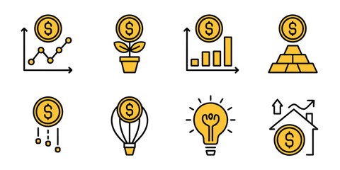 Illustration set showing financial growth concepts with dollar coin symbols