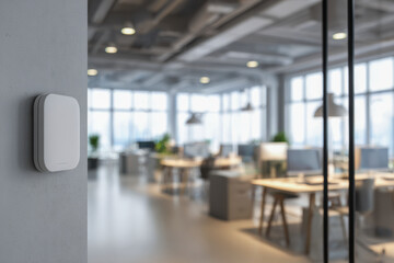 Modern office interior with focus on smart thermostat mounted on gray wall overlooking bright workspace with desks and computer monitors in open plan design