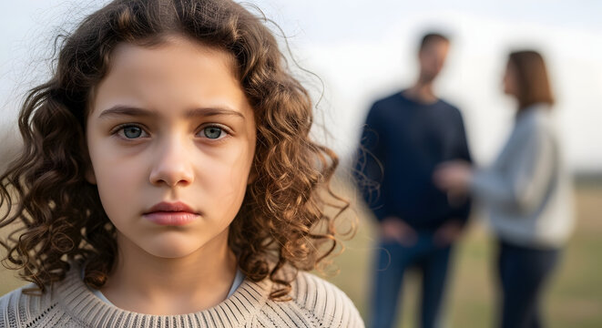 A somber moment for a young girl feeling alone as her parents argue in the background showcasing family issues divorce concerns and the importance of family support