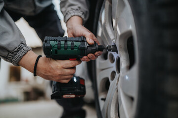 A mechanic tightens bolts on a car wheel with a cordless drill in a workshop, showing hands and...