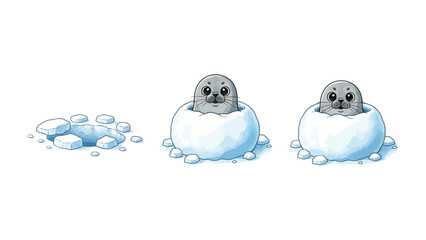 Cute Seal in Snowball: A charming and playful illustration features two adorable seals emerging from snowballs, evoking a sense of winter fun and lightheartedness.