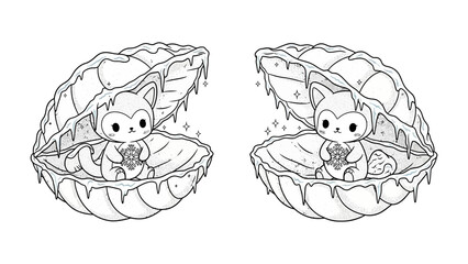 Foxes and the Pearl: Two charming foxes, each cradling a pearl, nestle inside glistening seashells, invoking a sense of wonder and enchantment.