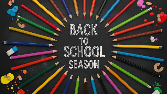 Vibrant Back to School Season composition. Featuring colorful pencils arranged in a circular design