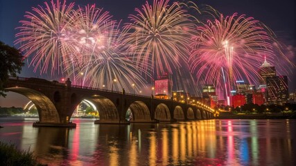 Fireworks night bridge river city skyline reflection celebration festival holiday vibrant display over stone arch bridge and river, colorful light - Powered by Adobe