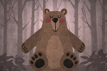 Tranquil bear illustration in magical forest setting