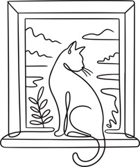 Continuous Line Art Illustration of Cat Silhouette on Windowsill Gazing Outside