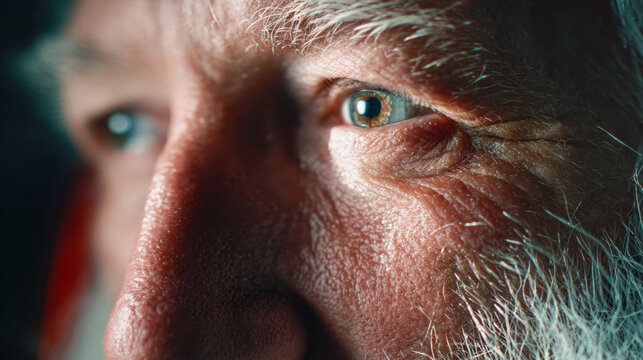 Portrait of an elderly man with grey hair and beard showing deep wrinkles and reflective green eyes in soft dramatic lighting - Powered by Adobe
