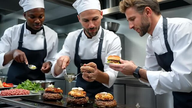 Chefs preparing gourmet burgers in a modern kitchen with fresh ingredients and skillful techniques