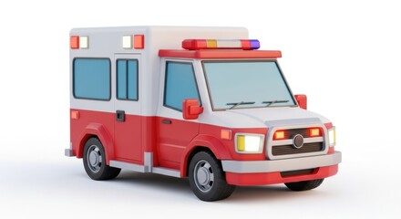 Cartoon ambulance vehicle with lights on front view realistic rendering white background
