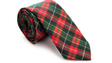 Festive rolled tartan tie featuring a traditional plaid pattern in holiday red, green, and black, isolated on white.