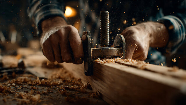 Master craftsman shaping wood with expertise and care, sawdust flying in golden light, perfect for woodworking projects and skilled craftsmanship visuals