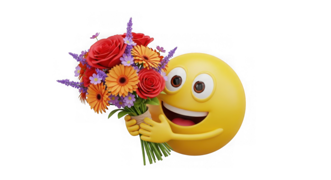 Smiling emoji holding a colorful bouquet of flowers